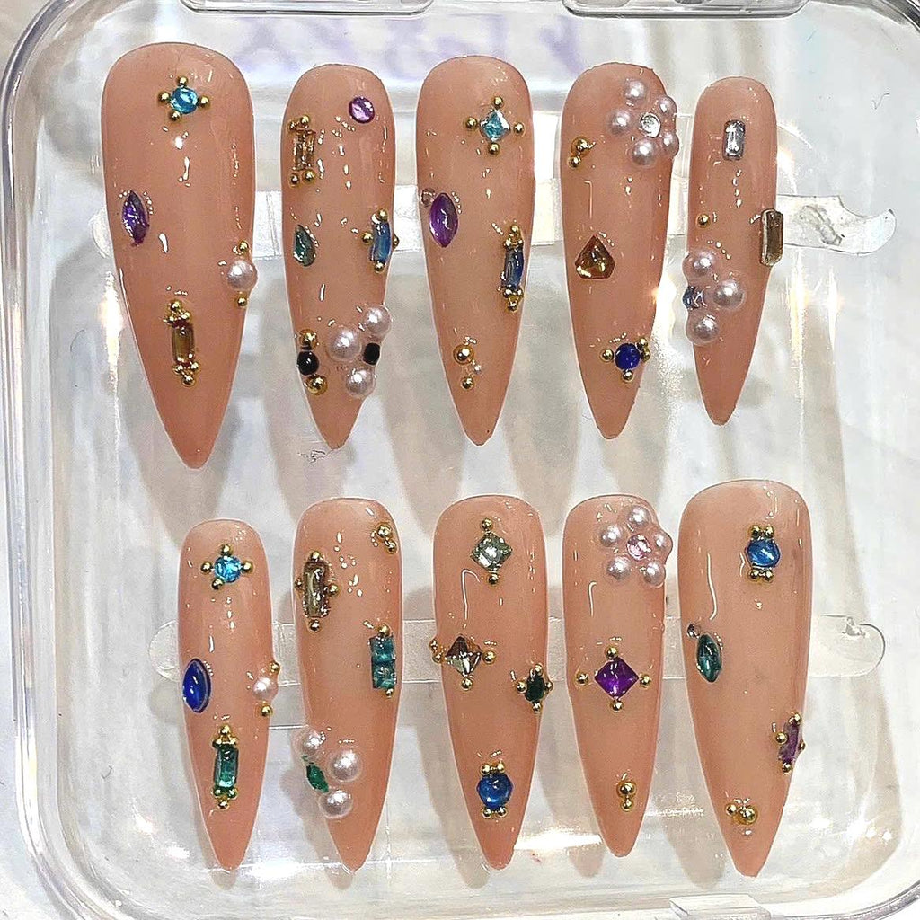Luxury Nude Stiletto Press On Nails With Gems & Pearls | Handmade Crystal Nail Set | Long Glam Press On Nails