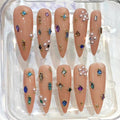 Luxury Nude Stiletto Press On Nails With Gems & Pearls | Handmade Crystal Nail Set | Long Glam Press On Nails