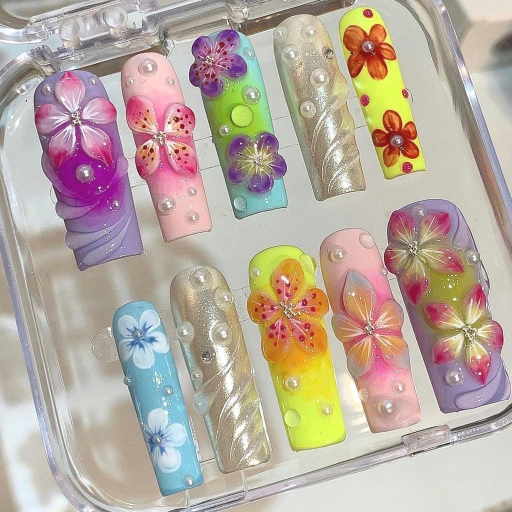 3D Tropical Flower Press On Nails – Colorful Summer Nail Set