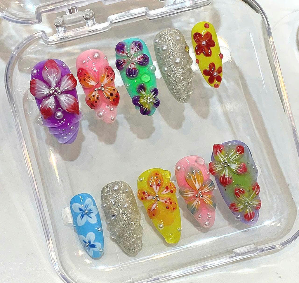 3D Tropical Flower Press On Nails – Colorful Summer Nail Set
