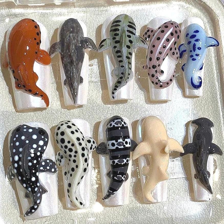 3D Ocean Animal Press On Nails: Handmade Kawaii Sea Creature Nail Art
