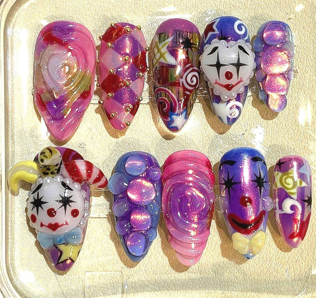 3D Clown Press On Nails: Handmade Harlequin Circus Nail Art