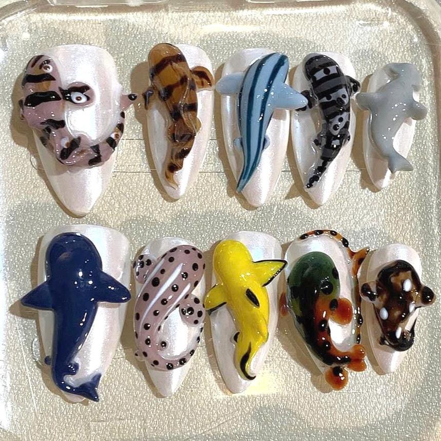 3D Ocean Animal Press On Nails: Handmade Sea Creature Nail Art
