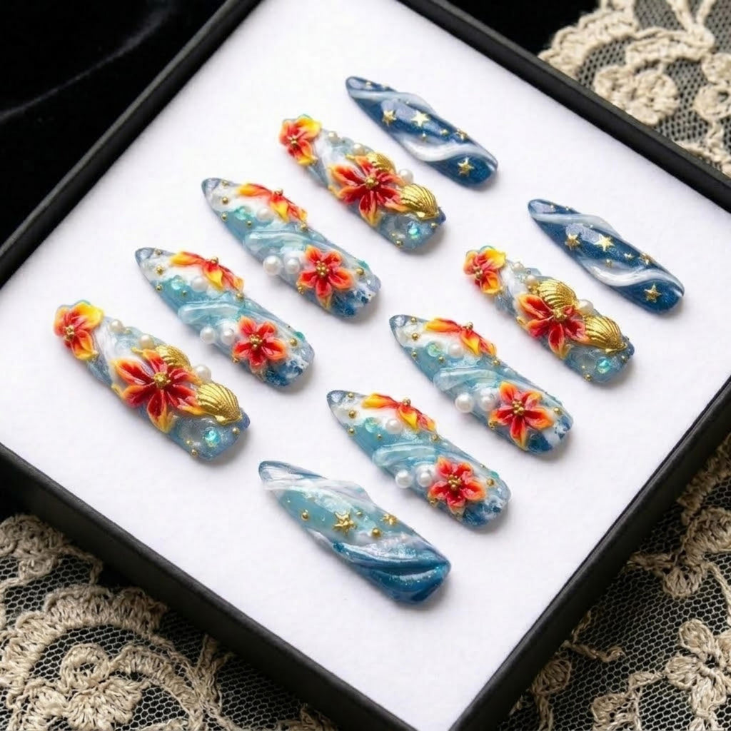 Ocean Floral Press On Nails | 3D Sculpted Wave Fake Nails | Handcrafted Shell False Nails | Handmade Premium Nail | Summer Beach Nail