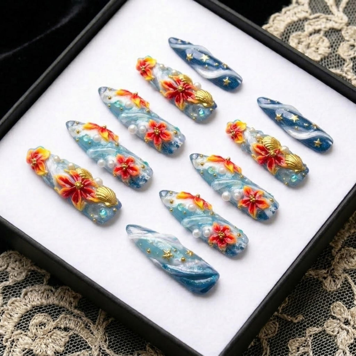 Ocean Floral Press On Nails | 3D Sculpted Wave Fake Nails | Handcrafted Shell False Nails | Handmade Premium Nail | Summer Beach Nail