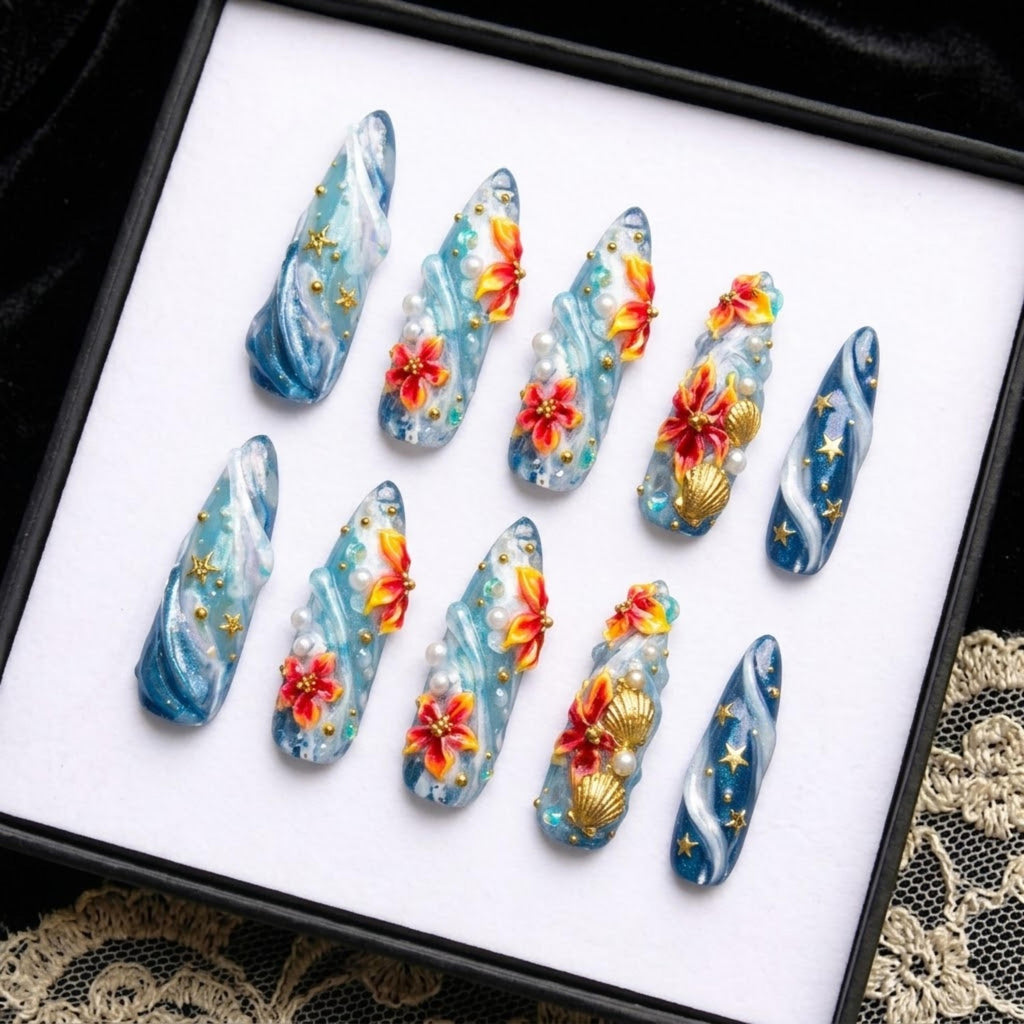 Ocean Floral Press On Nails | 3D Sculpted Wave Fake Nails | Handcrafted Shell False Nails | Handmade Premium Nail | Summer Beach Nail