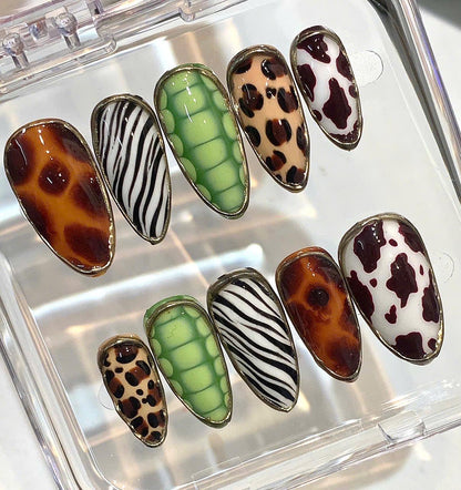 Mixed Animal Print Press On Nails | Leopard, Cow, Zebra, Tortoise Shell Set