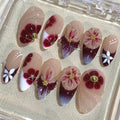 Wine Red Floral Press On Nails | Nude, Gold Rhinestone Nail Art