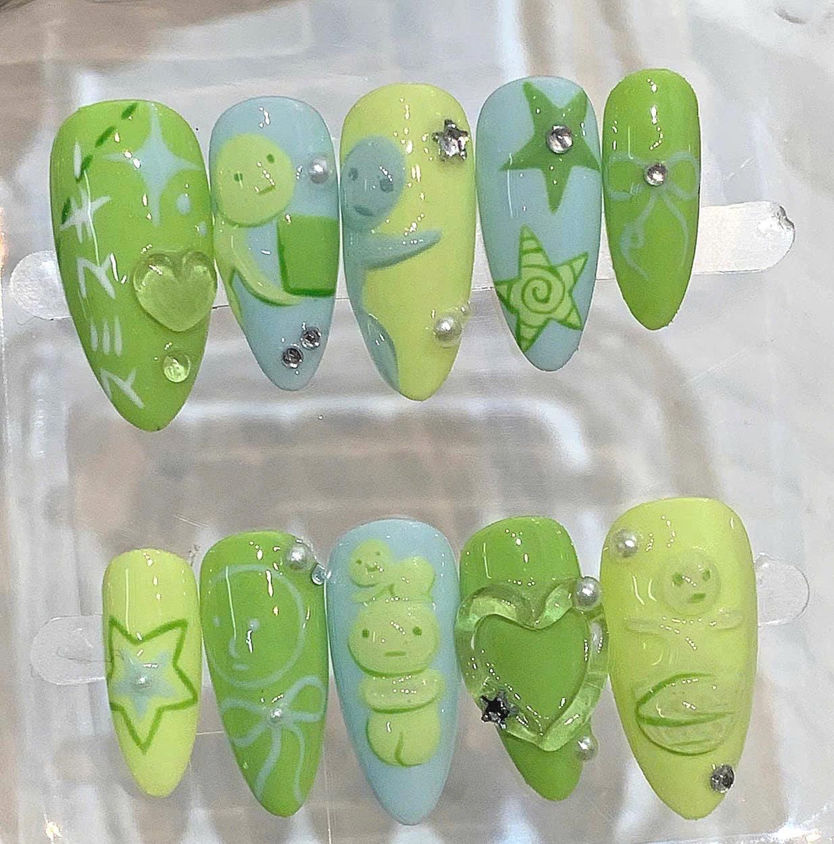 Green Y2K Press On Nails, 3D Heart Star Kawaii Art Set