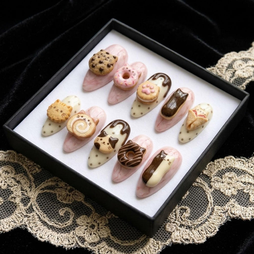 Kawaii Dessert Press On Nails | 3D Sweet Cat Almond Nails | Kitty Pastry Fake Nails | Handmade 3D Art Nails | Cute Y2K Coquette Nails