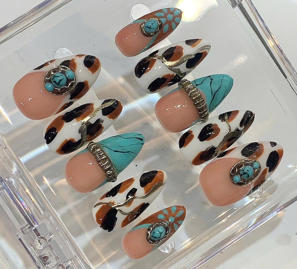Western Cowgirl Press On Nails | Turquoise Leopard Print Boho Rodeo Set