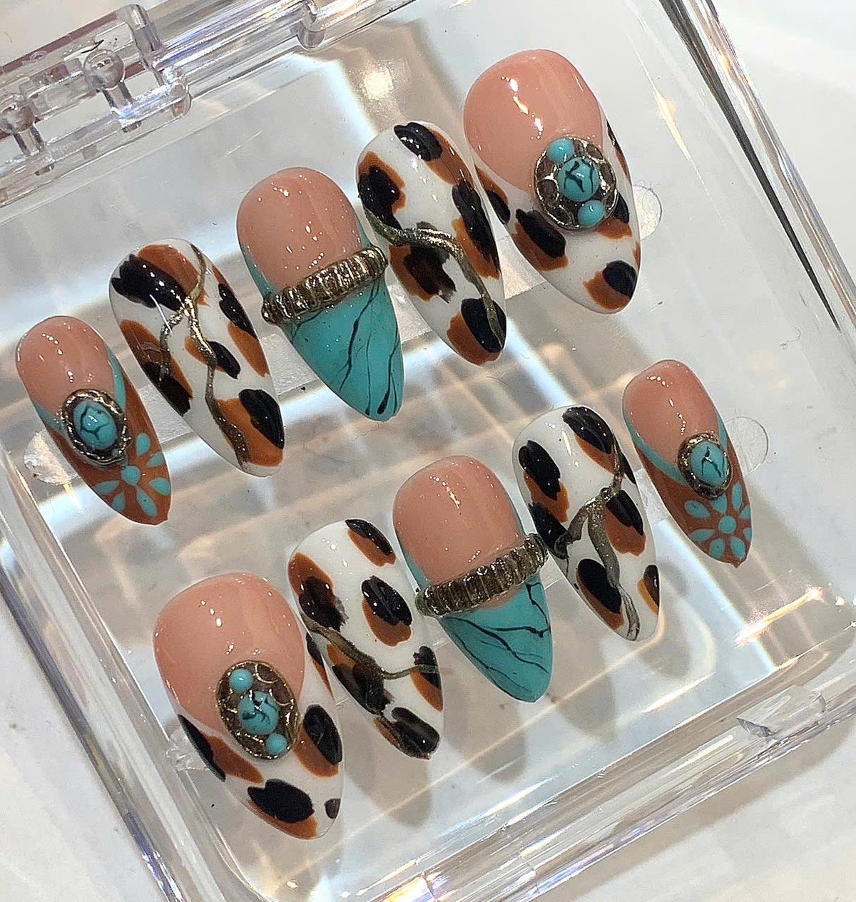 Western Cowgirl Press On Nails | Turquoise Leopard Print Boho Rodeo Set