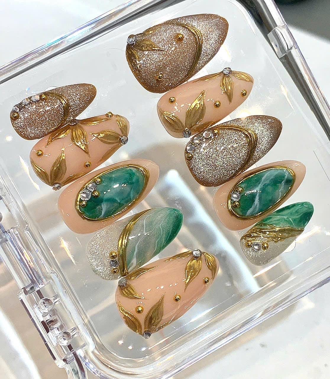 Emerald Green Press On Nails | Gold Leaf Nude Glitter Nails | Luxury Gemstone Inspired Handmade Nail Set