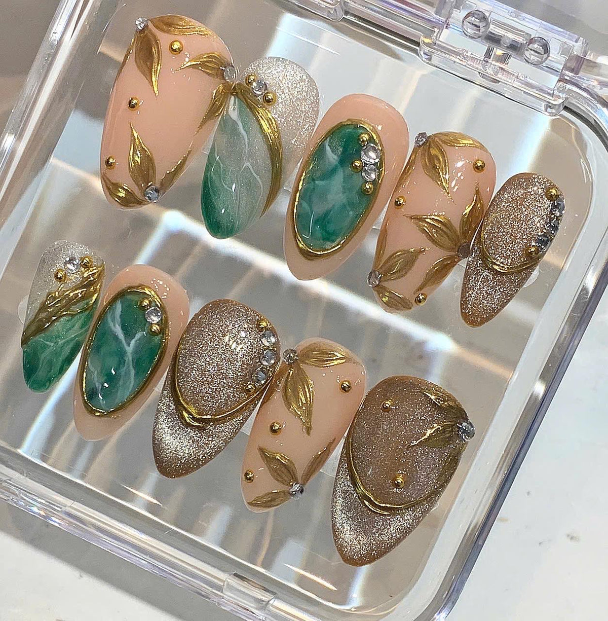Emerald Green Press On Nails | Gold Leaf Nude Glitter Nails | Luxury Gemstone Inspired Handmade Nail Set
