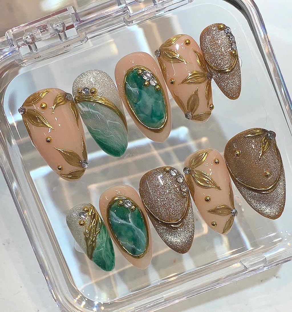 Emerald Green Press On Nails | Gold Leaf Nude Glitter Nails | Luxury Gemstone Inspired Handmade Nail Set