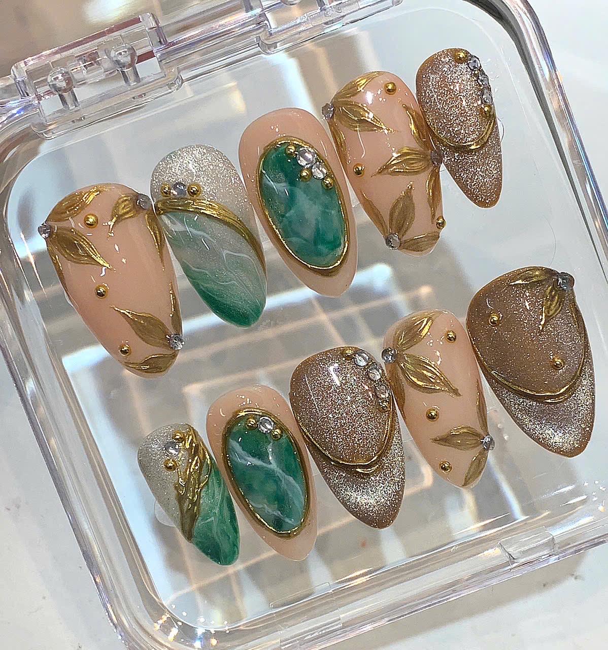 Emerald Green Press On Nails | Gold Leaf Nude Glitter Nails | Luxury Gemstone Inspired Handmade Nail Set