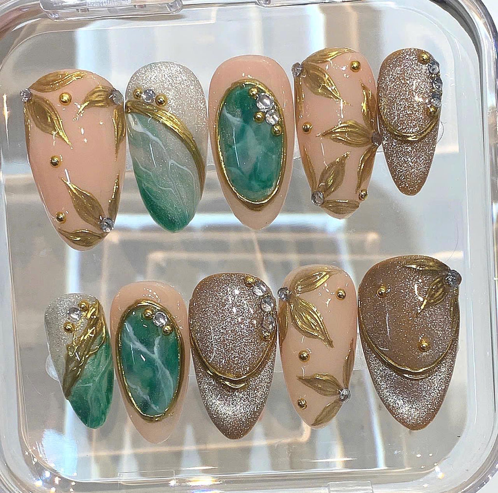 Emerald Green Press On Nails | Gold Leaf Nude Glitter Nails | Luxury Gemstone Inspired Handmade Nail Set
