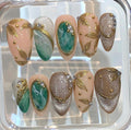 Emerald Green Press On Nails | Gold Leaf Nude Glitter Nails | Luxury Gemstone Inspired Handmade Nail Set
