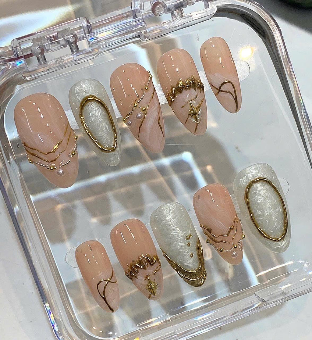 Nude Gold Press On Nails | Pearl Marble Elegant Bridal Nails | Minimalist Luxury Handmade Nail Set