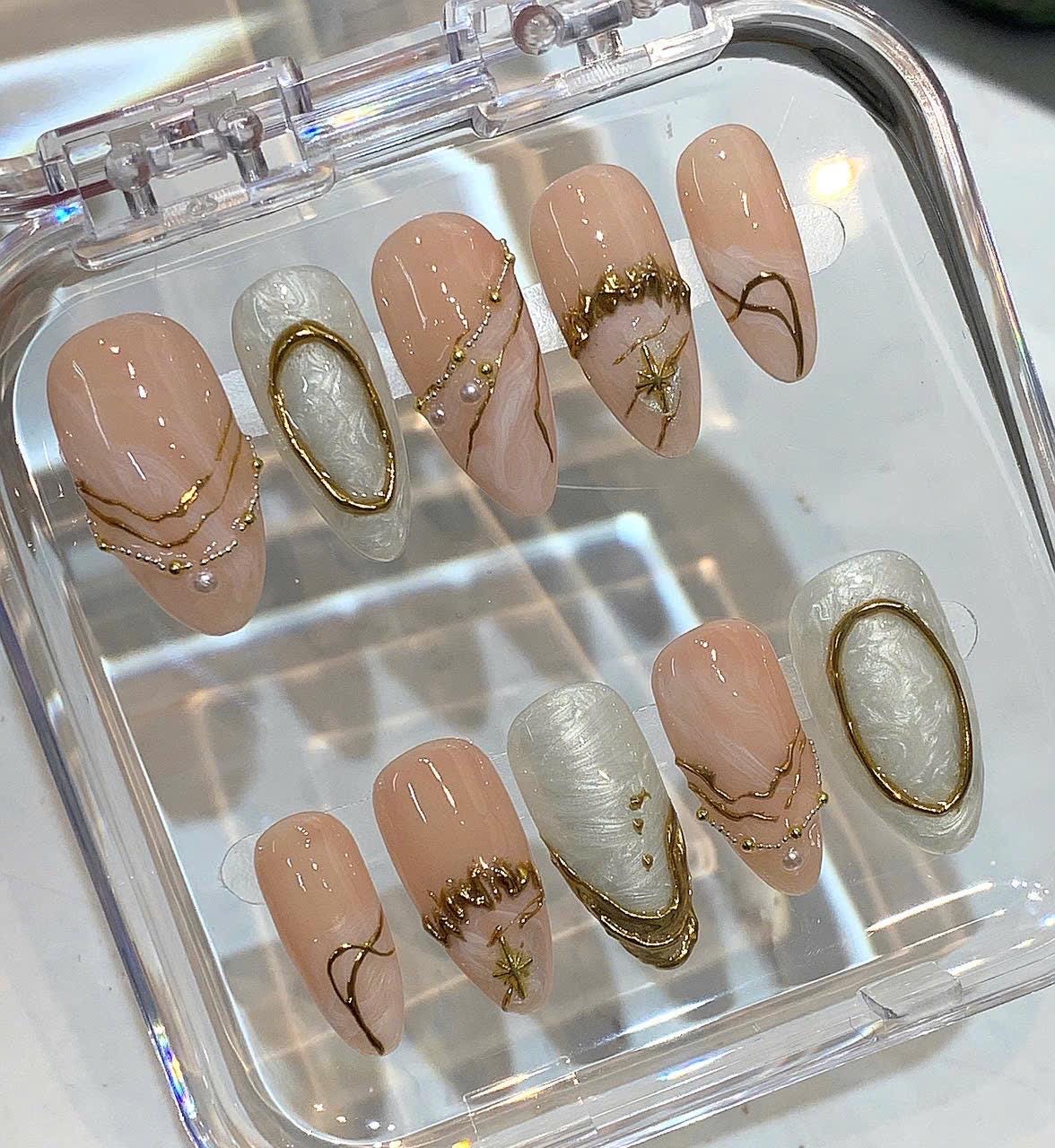 Nude Gold Press On Nails | Pearl Marble Elegant Bridal Nails | Minimalist Luxury Handmade Nail Set