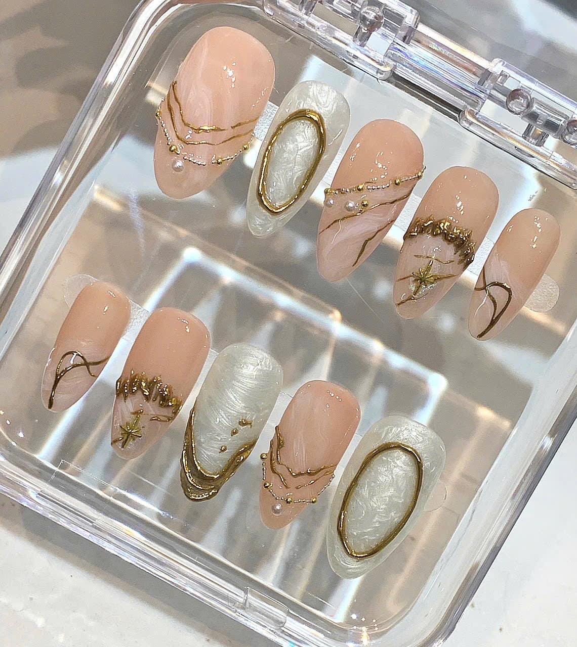 Nude Gold Press On Nails | Pearl Marble Elegant Bridal Nails | Minimalist Luxury Handmade Nail Set