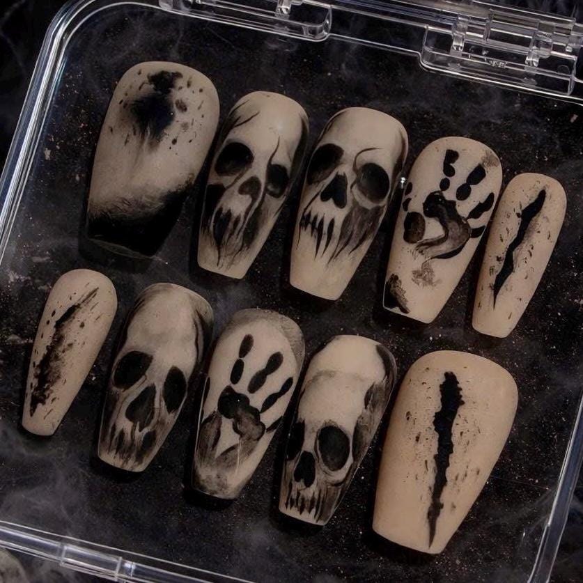 Halloween Skull Press On Nails: Gothic Horror Handprint Nail Art