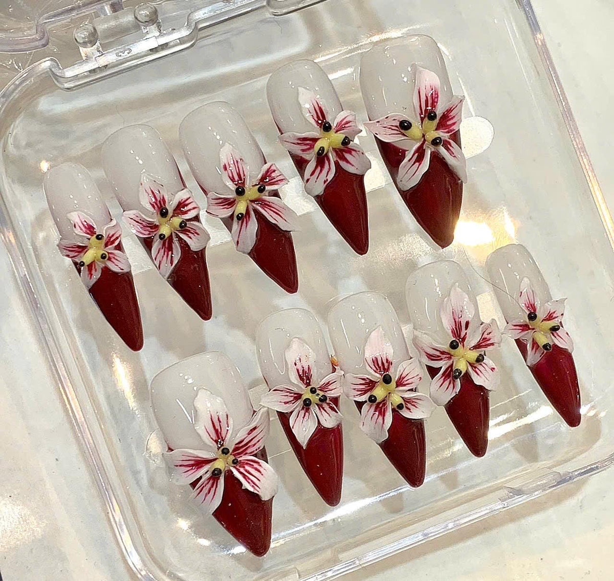 Red 3D Floral Stiletto Press On Nails, Romantic Luxury Blossom Set