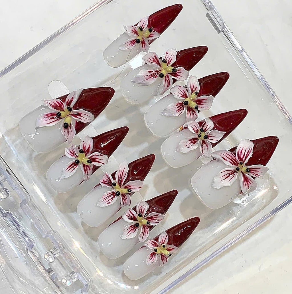Red 3D Floral Stiletto Press On Nails, Romantic Luxury Blossom Set