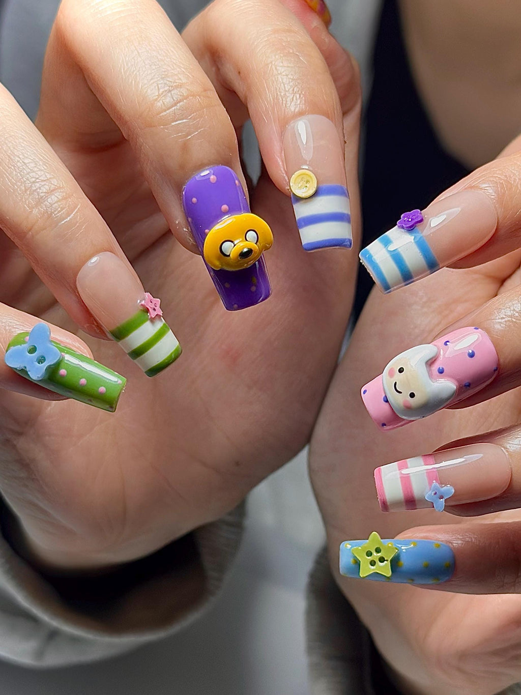 Adventure Time Press On Nails | Finn & Jake Cartoon Nails | Cute Kawaii Character Nail Art | Colorful 3D Nails | Fun Press Ons | JB331HC