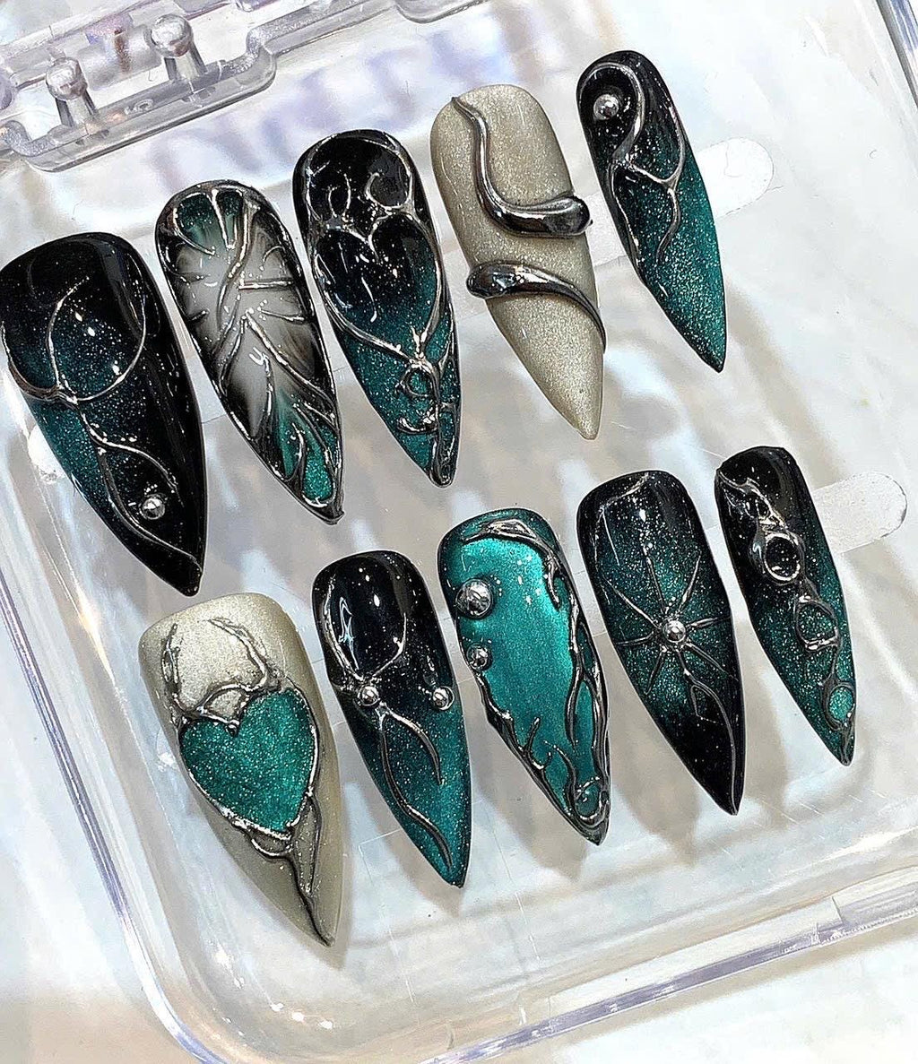 Emerald Galaxy Stiletto Press On Nails | Cosmic Chrome 3D Heart Luxury Set
