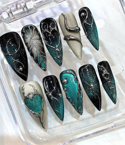 Emerald Galaxy Stiletto Press On Nails | Cosmic Chrome 3D Heart Luxury Set