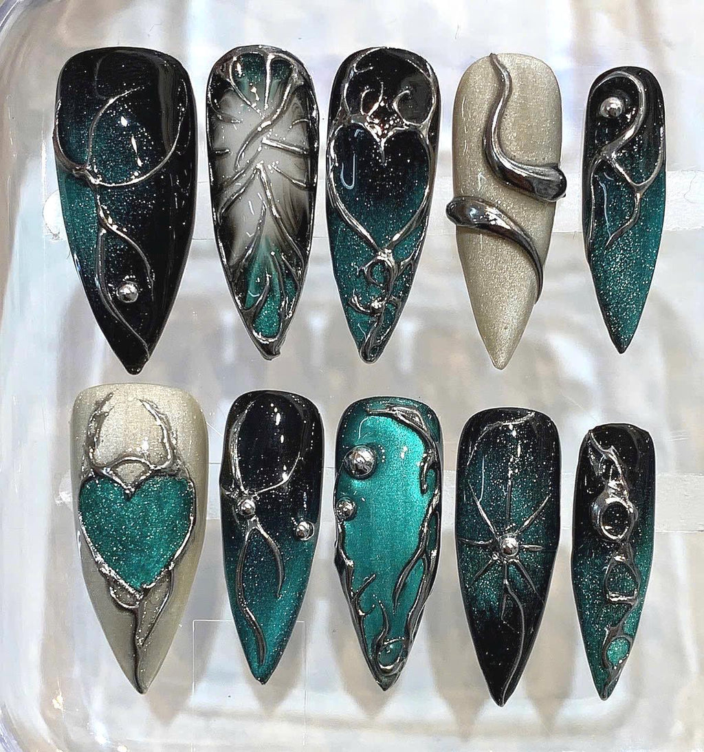 Emerald Galaxy Stiletto Press On Nails | Cosmic Chrome 3D Heart Luxury Set