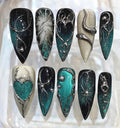 Emerald Galaxy Stiletto Press On Nails | Cosmic Chrome 3D Heart Luxury Set
