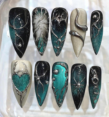 Emerald Galaxy Stiletto Press On Nails | Cosmic Chrome 3D Heart Luxury Set