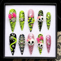 3D Skulls And Bows Neon Green Zebra Press On Nails, Edgy Y2K Scene Pink Glitter & Silver Studs, Alternative Punk Nails Set