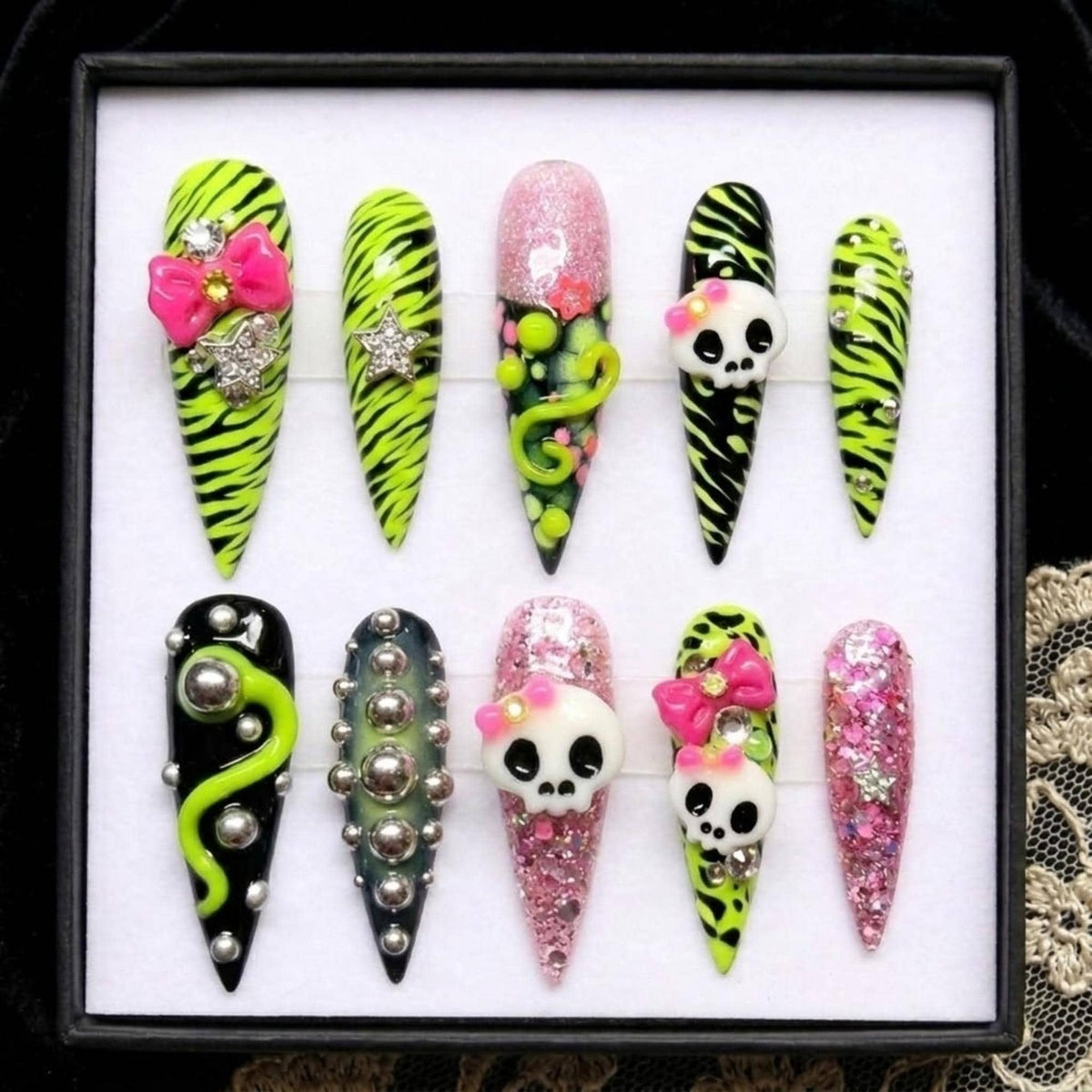 3D Skulls And Bows Neon Green Zebra Press On Nails, Edgy Y2K Scene Pink Glitter & Silver Studs, Alternative Punk Nails Set