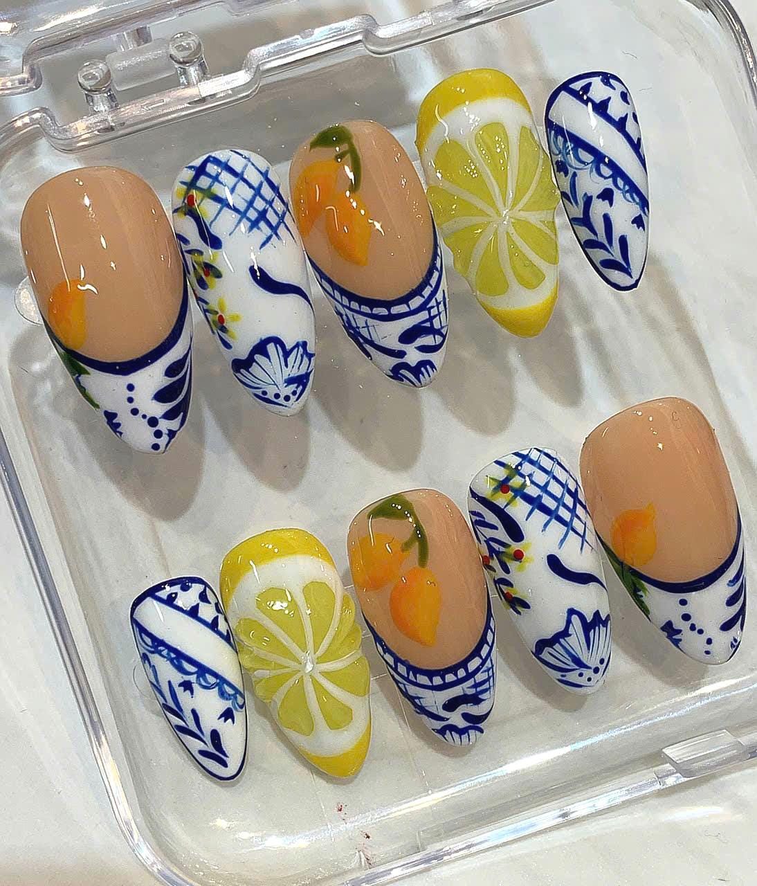Handmade Ceramic Style Lemon Press On Nails: Mediterranean Citrus Design