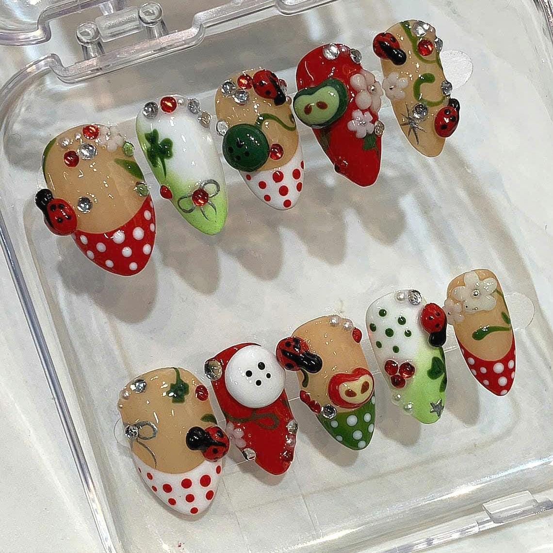 3D Ladybug Press On Nails: Flower Button Nail Art, Reusable Red Green Fake Nails