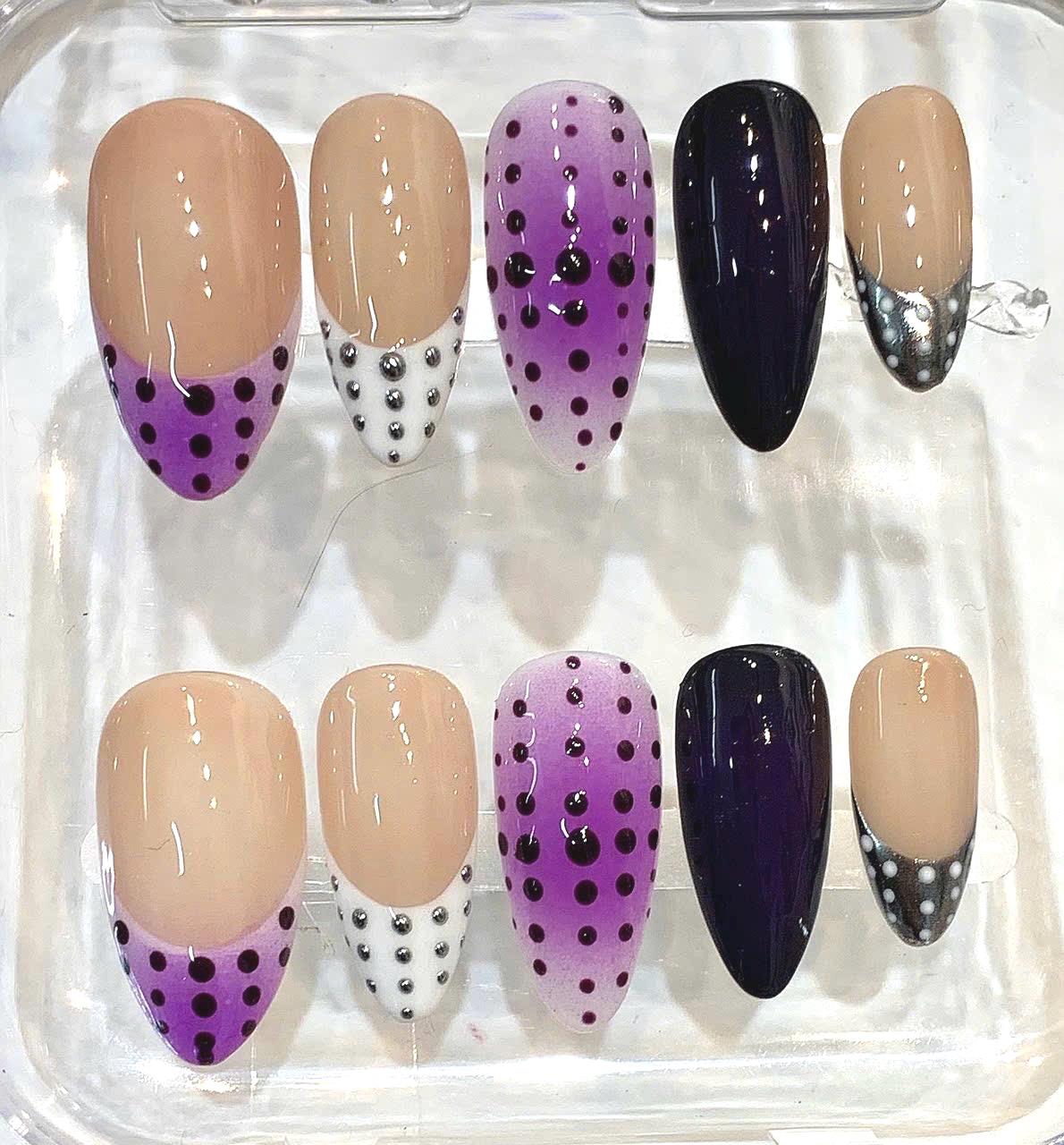 Purple Polka Dot Press On Nails, Nude Black Minimal Glam Nail Set, Chic Studded Nails, Trendy Simple Press On Nails