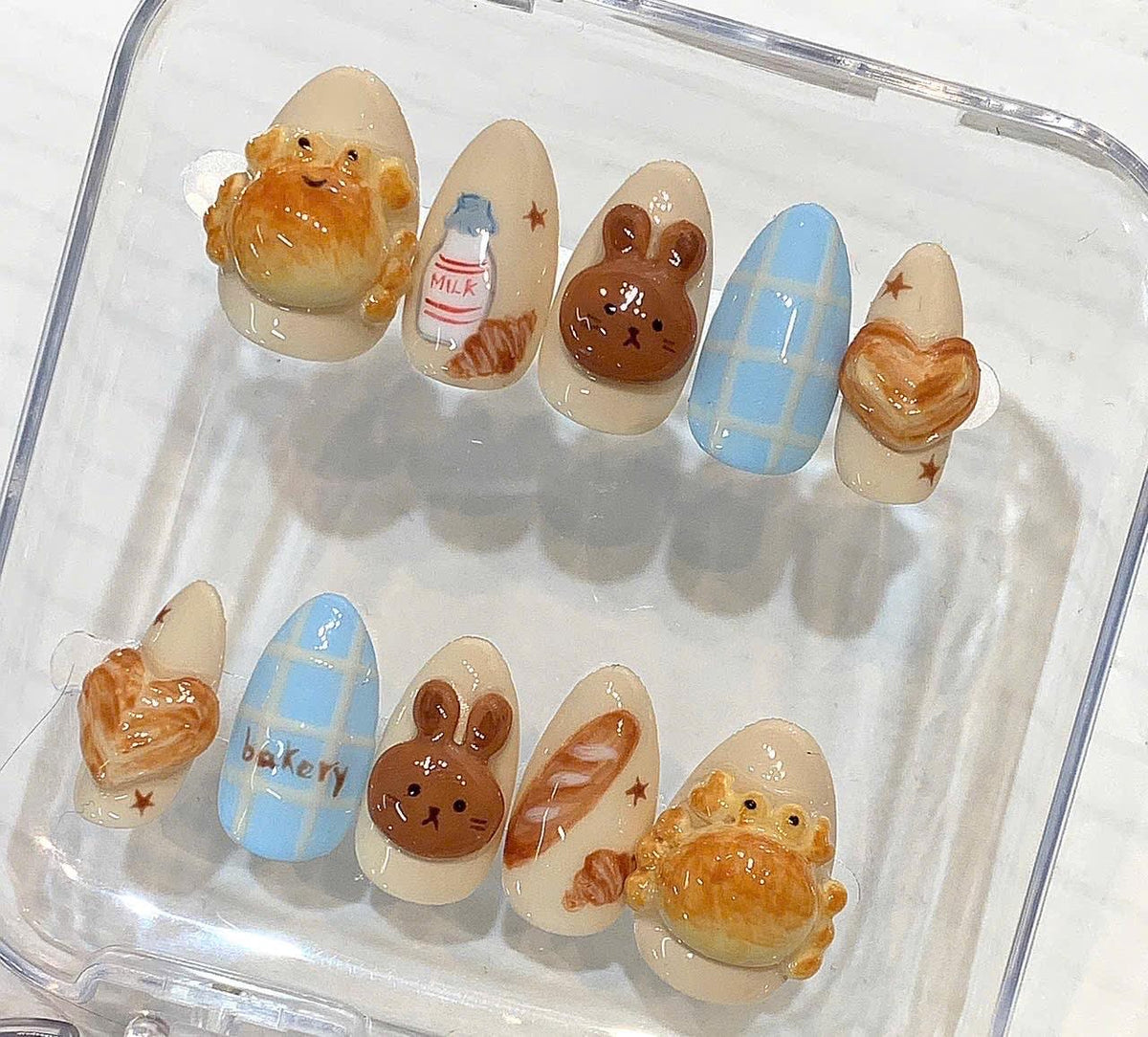 3D Bakery Bunny Press On Nails, Kawaii Food Nail Art, Pastel Japanese Style Statement
