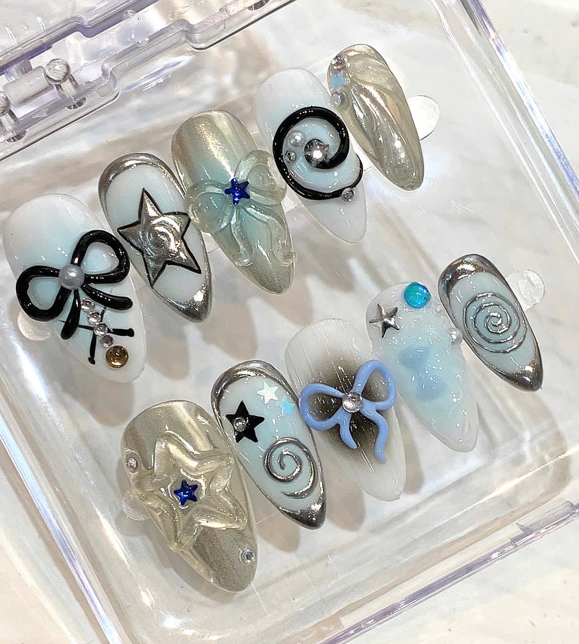 Y2K Bow Star Press On Nails, White Silver Chrome, 3D Pastel Nail Art