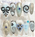Y2K Bow Star Press On Nails, White Silver Chrome, 3D Pastel Nail Art