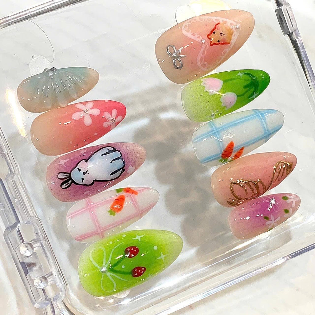Handmade Bunny Strawberry Press On Nails, Pastel Spring Kawaii Almond Set