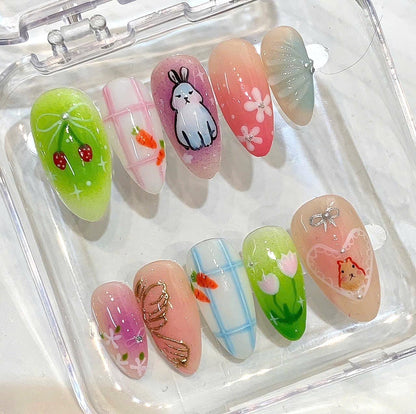 Handmade Bunny Strawberry Press On Nails, Pastel Spring Kawaii Almond Set