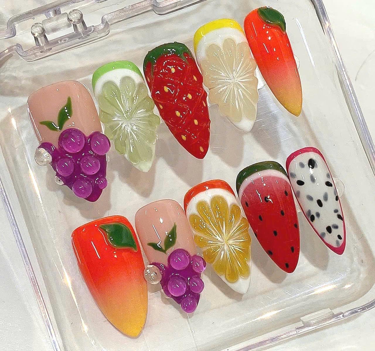 Handmade Fruit Press On Nails, Strawberry Lemon Grape Watermelon Art, Kawaii Summer Almond Shape