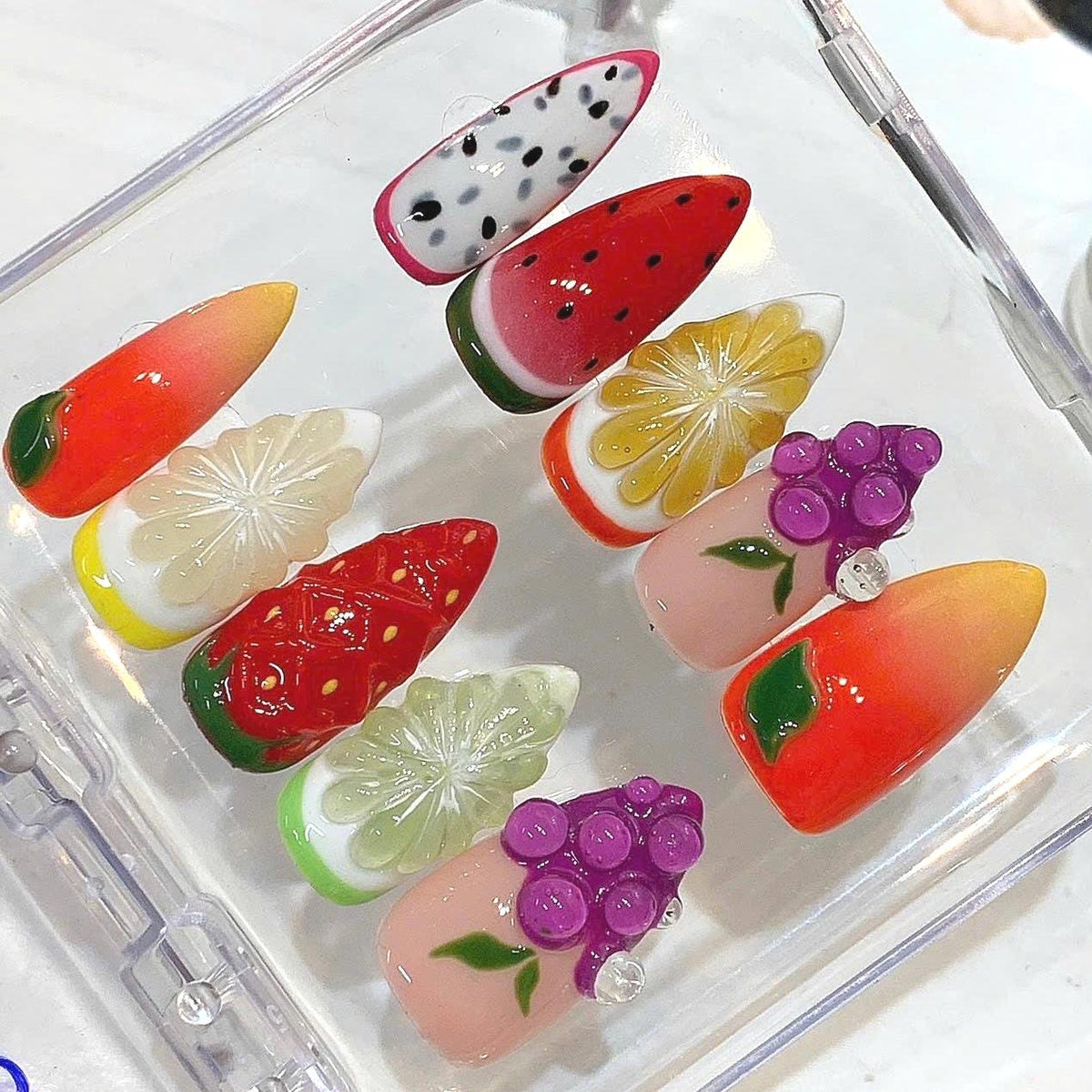 Handmade Fruit Press On Nails, Strawberry Lemon Grape Watermelon Art, Kawaii Summer Almond Shape