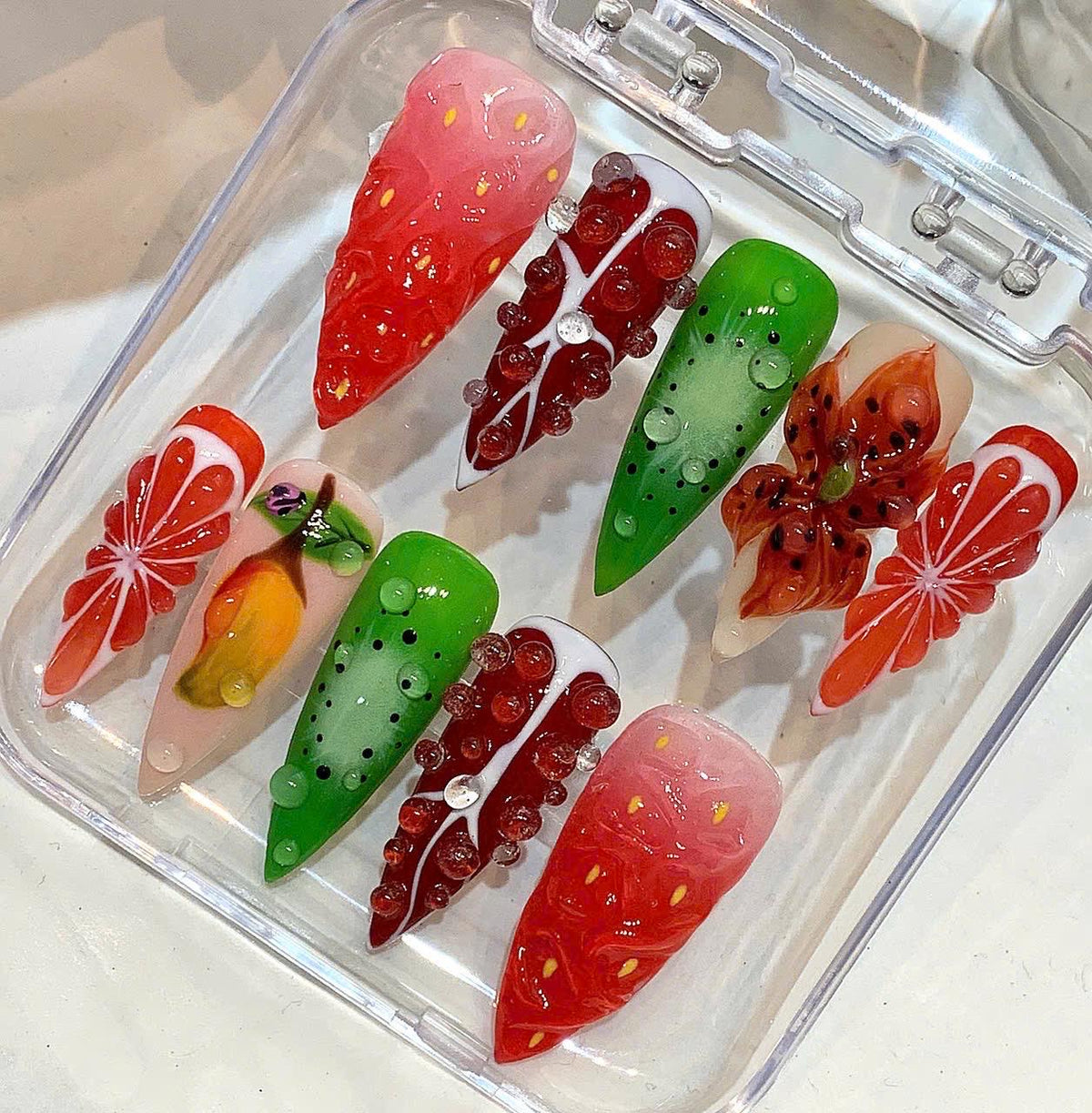 3D Fruit Press On Nails, Strawberry Kiwi Mango Design, Summer Almond Glossy Fake Nails