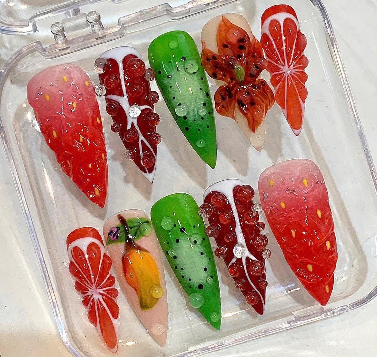 3D Fruit Press On Nails, Strawberry Kiwi Mango Design, Summer Almond Glossy Fake Nails