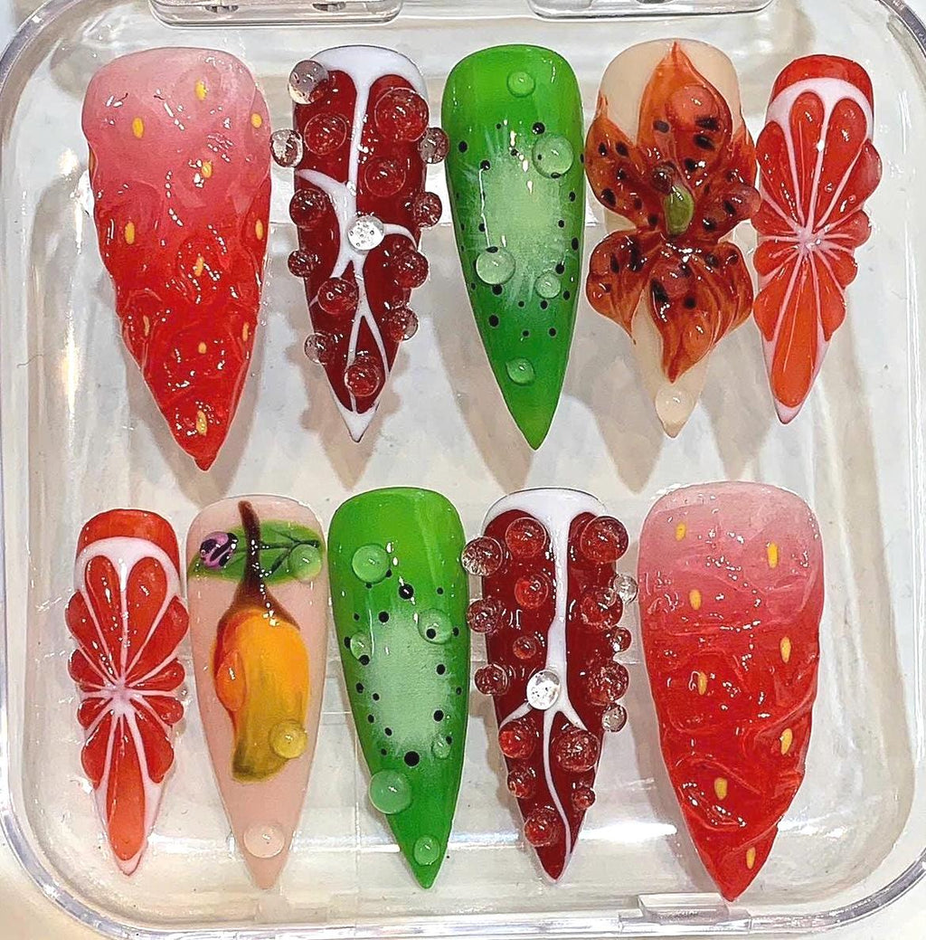 3D Fruit Press On Nails, Strawberry Kiwi Mango Design, Summer Almond Glossy Fake Nails