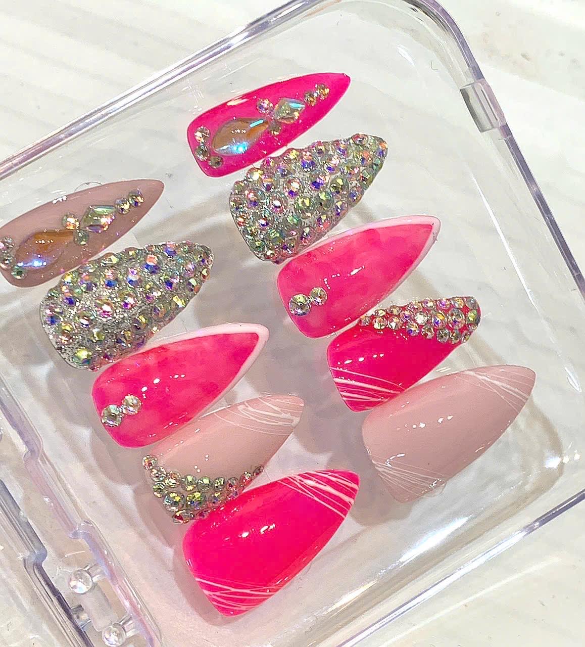 Hot Pink Rhinestone Stiletto Press On Nails | Barbiecore Glam Bling Set